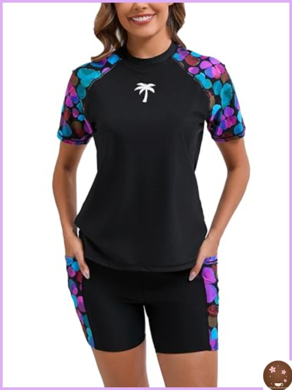 Modest 2 Piece Rash Guard Set with Built-in Bra and Boyleg Bottoms